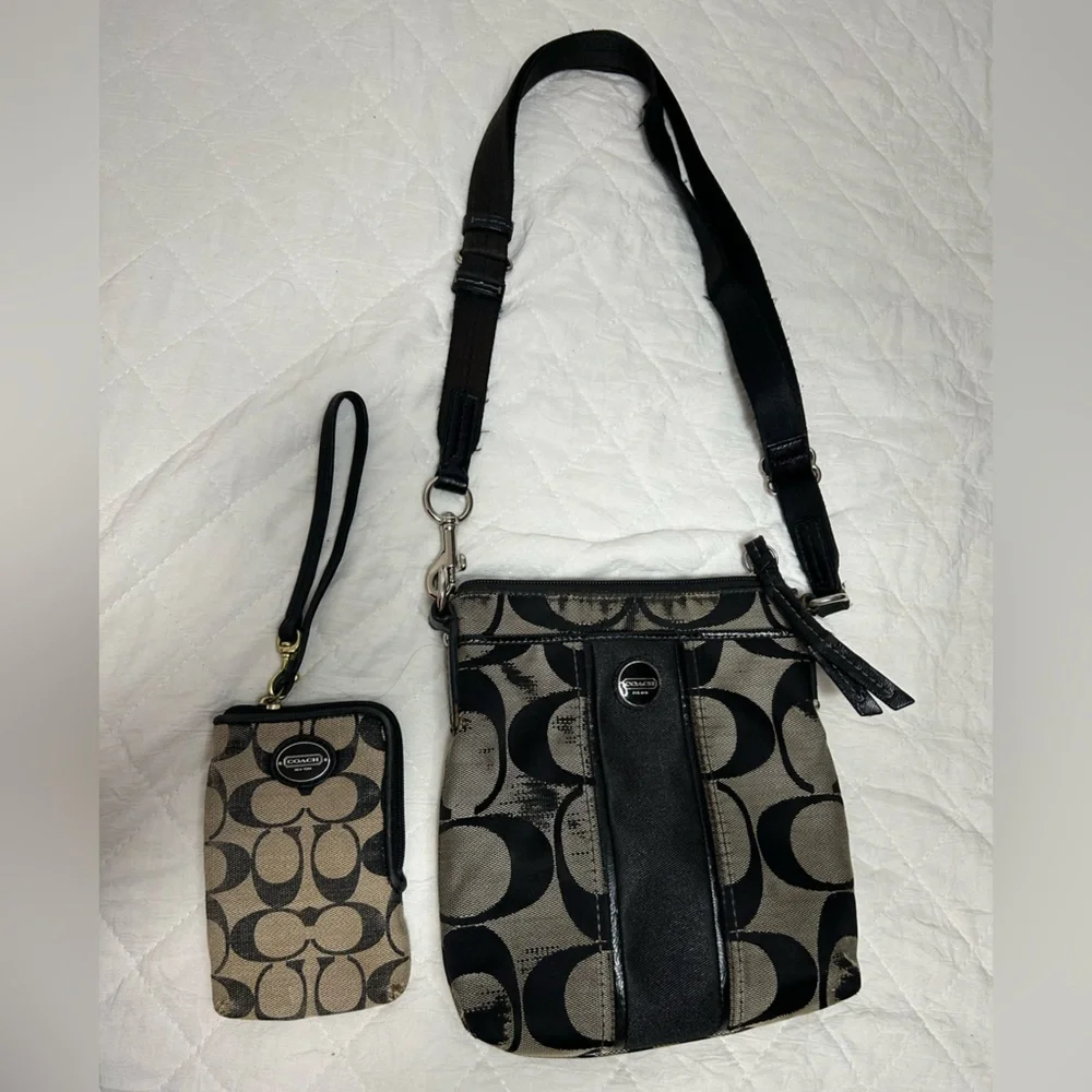 Coach Black and Tan Signature Crossbody and Wristlet